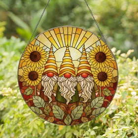 Three Gnomes Striped Hats Sunflowers Autumn Foliage - Fall Season Home Decor Gift Stained Glass Suncatcher