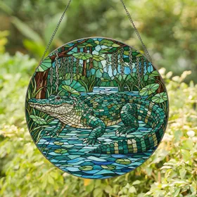 Alligator Lush Swamp Vegetation Rippling Water Scene Wildlife Lover Home Decor Gift Stained Glass Suncatcher