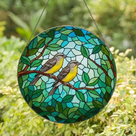 Finch Birds Branch Leaves Lush Foliage Mosaic - Home Decor Gift for Bird Watchers Stained Glass Suncatcher