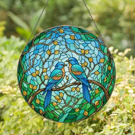 Blue Birds Intertwining Tree Branch Stained Glass Mosaic - Home Decor Gift for Bird Lover Stained Glass Suncatcher