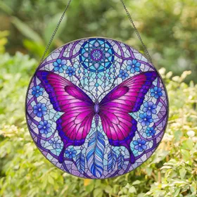 Boho Butterfly Dreamcatcher Feathers Beads Floral - Home Decor Gift Stained Glass Suncatcher