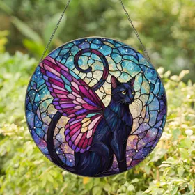 Black Cat Butterfly Wings Celestial Nebula - Home Decor Gift for Cat Lover Stained Glass Suncatcher