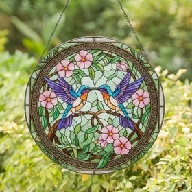 Hummingbirds Perched Branch Pink Fuchsia Flowers - Home Decor Gift Wildlife Lover Stained Glass Suncatcher