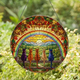 Six Cats Wooden Fence Autumn Hills Landscape Rainbow - Home Decor Gift for Cat Lover Stained Glass Suncatcher