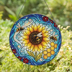 Three Bees Sunflower Honeycomb Faceted Crystal - Home Decor Gift for Bee Lover Stained Glass Suncatcher
