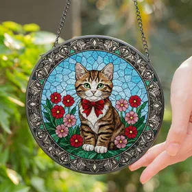 Fluffy Tabby Kitten Red Bow Tie Green Eyes Flowers - Home Decor Gift for Cat Lover Stained Glass Suncatcher