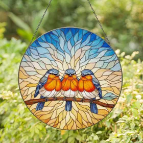 Colorful Songbirds Branch Tiffany Glass Sky - Wildlife Lover Home Decor Gift Stained Glass Suncatcher