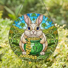 Bunny Golden Cauldron Shamrocks Clover - St. Patrick's Day Gift for Luck Lover Stained Glass Suncatcher
