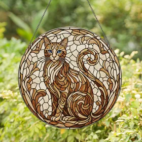 Elegant Cat Blue Eyes Curled Tail Organic Scrollwork - Home Decor Gift for Cat Lover Stained Glass Suncatcher