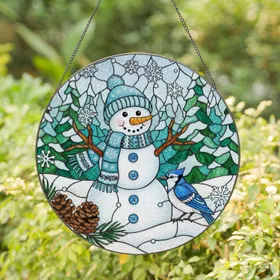 Friendly Snowman Blue Jay Pinecones Winter Forest Scene - Christmas Holiday Decor Gift Stained Glass Suncatcher