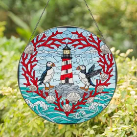 Heart Outline Lighthouse Atlantic Puffins - Coastal Home Decor Gift for Ocean Lover Stained Glass Suncatcher