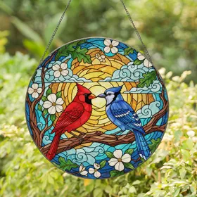Cardinal Blue Jay Bird Pair - Wildlife Lover Home Decor Gift Stained Glass Suncatcher