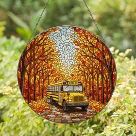 Bright Yellow School Bus Autumn Road Forest Canopy Fallen Leaves - Autumn Home Decor Gift Stained Glass Suncatcher