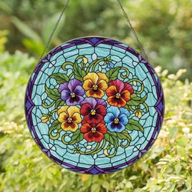Circular Pansies Leaves Stems Buds Floral Bouquet - Home Decor Gift for Gardeners Stained Glass Suncatcher