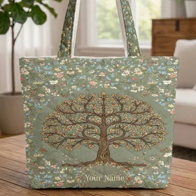 Ornate Tree of Life Wildflowers Bees Butterflies - Everyday Carry Gift Quilted Tote Bag
