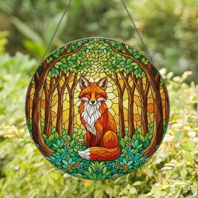 Red Fox Woodland Foliage Amber Blossoms Forest Canopy - Home Decor Gift Stained Glass Suncatcher
