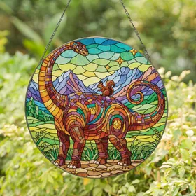 Stained Glass Brontosaurus Dinosaur Squirrel Landscape - Wildlife Lover Home Decor Gift Stained Glass Suncatcher