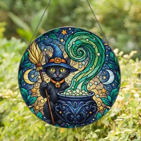 Stained Glass Black Cat Witch Hat Broom Cauldron - Celestial Magic Home Decor Gift Stained Glass Suncatcher