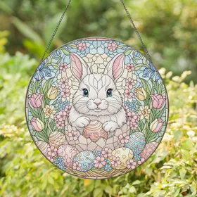 Fluffy Baby Bunny Bright Blue Eyes Broken Easter Egg Spring Garden - Easter Holiday Decor Stained Glass Suncatcher