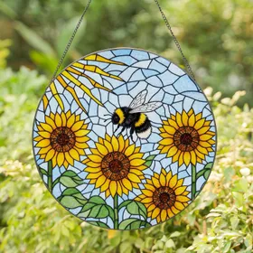 Bumblebee Sunflower Stained Glass Sunburst - Bee Lover Home Decor Gift Stained Glass Suncatcher