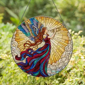 Graceful Female Angel Golden Trumpet Feathered Wings Auburn Hair - Home Decor Gift Stained Glass Suncatcher
