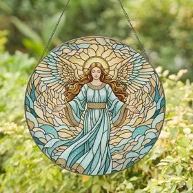 Angel Golden Halo Light Blue Teal Robe Ornate Belt Celestial Clouds - Home Decor Gift Stained Glass Suncatcher