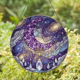 Crescent Moon Lotus Starburst Celestial Galaxy Amethyst Crystal - Home Decor Gift Stained Glass Suncatcher