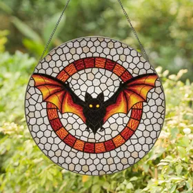 Black Bat Glowing Eyes Fiery Orange Wings Circle - Home Decor Gift for Bat Lover Stained Glass Suncatcher