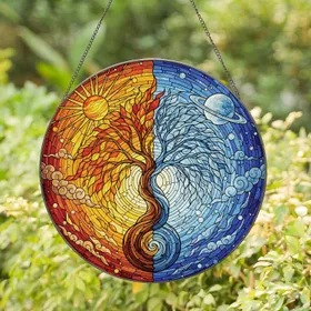 Yin-Yang Tree of Life Autumnal Leaves Sun Moon Stars Planet Celestial Sky - Home Decor Gift Stained Glass Suncatcher