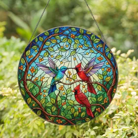 Stained Glass Hummingbird Cardinal Birds Garden Foliage - Home Decor Gift Stained Glass Suncatcher