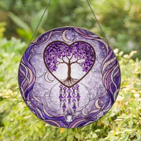 Stained Glass Tree of Life Heart Amethyst Crystal Teardrop - Home Decor Gift Stained Glass Suncatcher