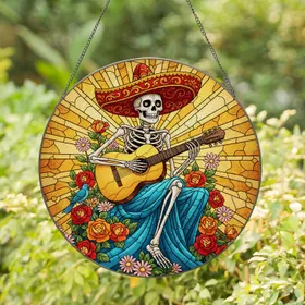 Mariachi Skeleton Guitar Flowers Stained Glass - Cultural Home Decor Music Lover Gift Stained Glass Suncatcher