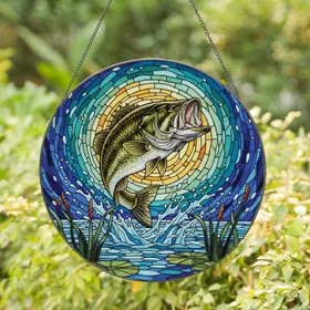 Large Bass Leaping Water Spray Swirling Mosaic Aquatic Reeds - Wildlife Fishing Home Decor Gift Stained Glass Suncatcher