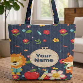 Red Apple Crayon Daisy Denim Pinstripe - Back to School Gift for Students Quilted Tote Bag