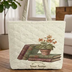 Antique Botanical Books Plant Floral Wreath - Everyday Carry Gift for Book Lover Quilted Tote Bag