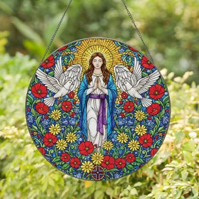 Winged Angel Doves Poppies Daisies Bellflowers Cross Home Decor Gift Stained Glass Suncatcher