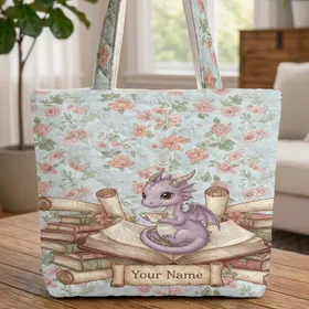 Personalized Baby Dragon Teacup Book Floral - Everyday Carry Gift Quilted Tote Bag