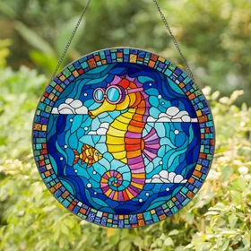 Seahorse Goggles Striped Fish Swirling Water Aquatic Scene - Ocean Lover Home Decor Gift Stained Glass Suncatcher