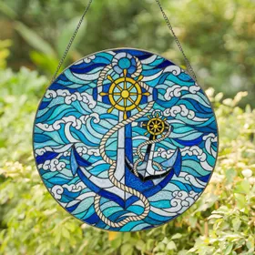 Anchor Ship Wheel Ocean Waves - Nautical Home Decor Gift Stained Glass Suncatcher