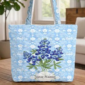 Bluebonnet Flowers Wildflower Wreath White Blossoms Everyday Carry Gift Quilted Tote Bag