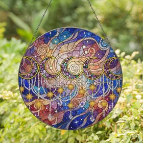 Jewel Tone Crescent Moons Golden Stars Swirling Nebula - Home Decor Gift Stained Glass Suncatcher