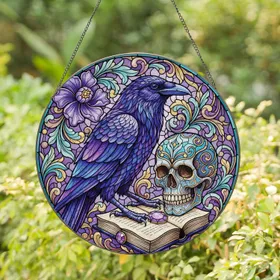Stained Glass Raven Ornate Skull Ancient Book Flower - Home Decor Gift Wildlife Lover Stained Glass Suncatcher