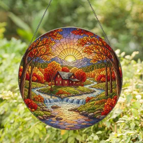 Red Cabin Autumn Forest Waterfalls Stream Mountains Sunset - Nature Lover Home Decor Gift Stained Glass Suncatcher