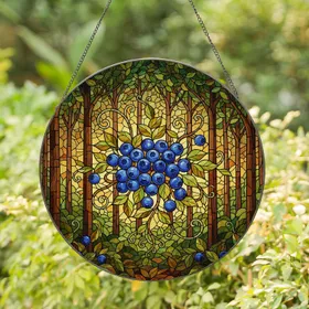 Ripe Blueberry Leaf Branch Tall Trees Sun-Drenched Forest - Home Decor Gift for Nature Lovers Stained Glass Suncatcher