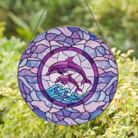 Purple Pink Dolphins Blue Turquoise Ocean Waves Purple Border - Home Decor Gift for Ocean Lover Stained Glass Suncatcher