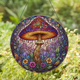 Glowing Fantasy Mushroom Bell Flowers Tiffany Glass - Enchanted Forest Home Decor Gift Stained Glass Suncatcher