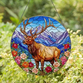 Majestic Elk Blooming Roses Mountain Peaks - Wildlife Lover Home Decor Gift Stained Glass Suncatcher