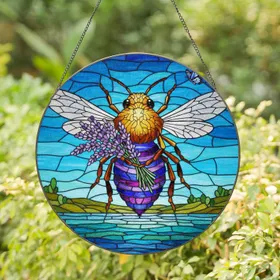 Bee Lavender Blue Sky Landscape - Home Decor Gift for Wildlife Lover Stained Glass Suncatcher