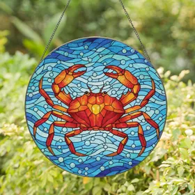 Crab Eight Legs Raised Claws Ocean Currents Bubbles - Home Decor Gift for Ocean Life Lover Stained Glass Suncatcher