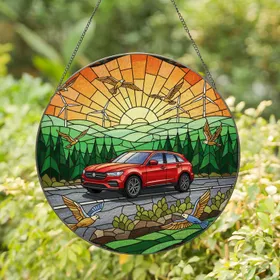 Red Modern SUV Birds Evergreen Trees Wind Turbines Sunset Hills - Home Decor Gift Stained Glass Suncatcher